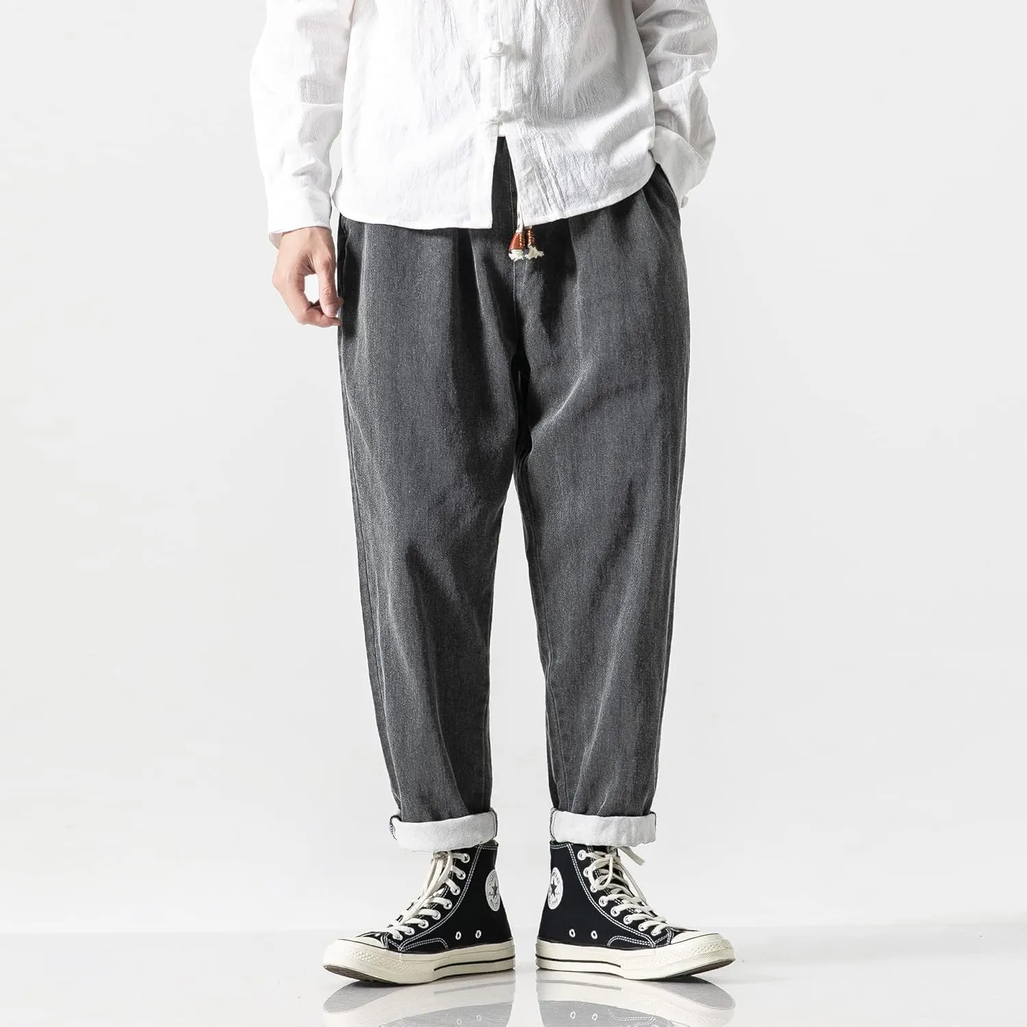 PRIJOUHE Mens Elastic Waist Drawstring Jeans Casual Stretchy Regular Fit Tapered Leg Distressed Jeans Pants