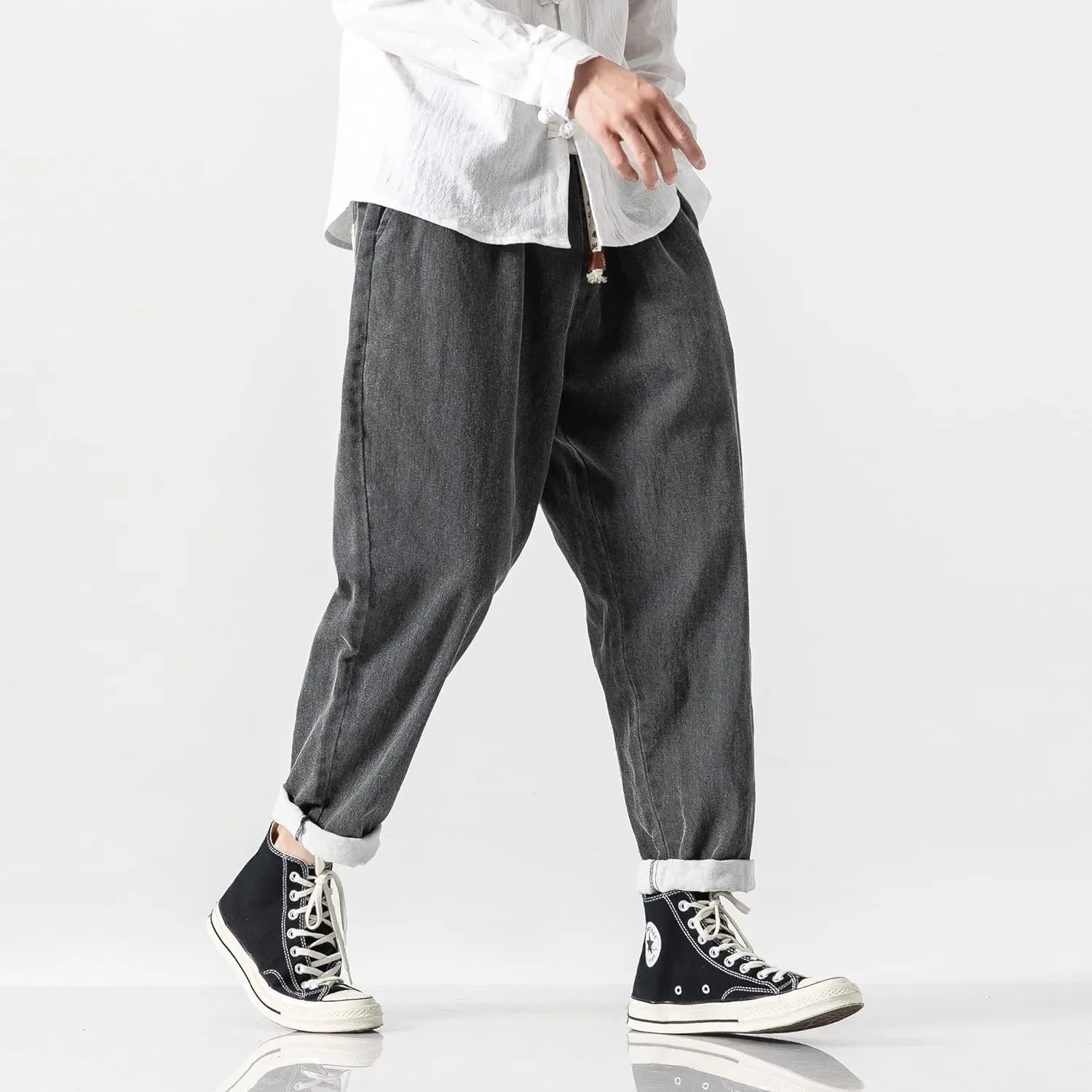 PRIJOUHE Mens Elastic Waist Drawstring Jeans Casual Stretchy Regular Fit Tapered Leg Distressed Jeans Pants
