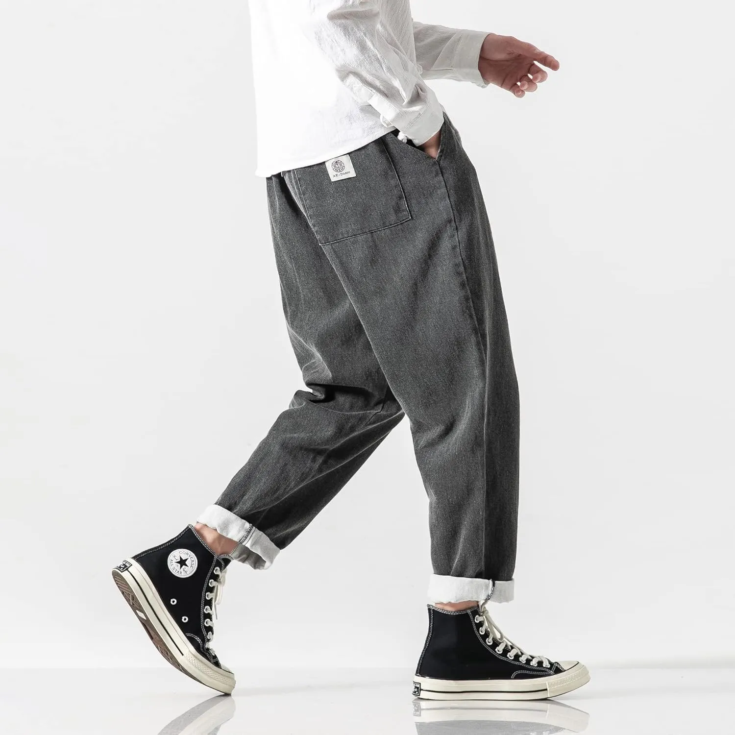 PRIJOUHE Mens Elastic Waist Drawstring Jeans Casual Stretchy Regular Fit Tapered Leg Distressed Jeans Pants