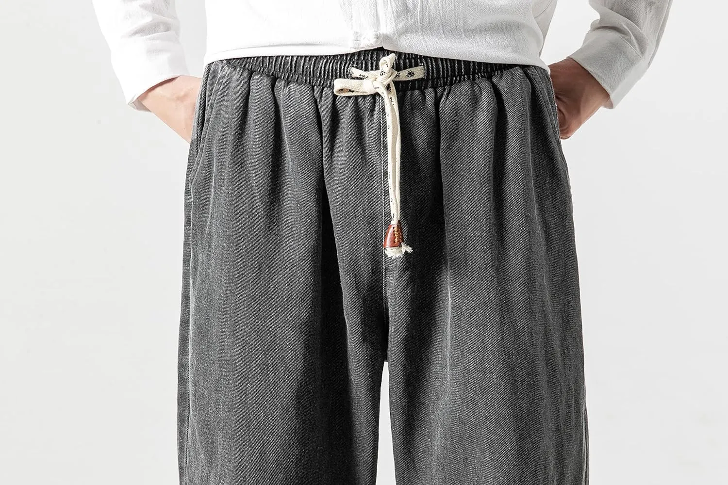PRIJOUHE Mens Elastic Waist Drawstring Jeans Casual Stretchy Regular Fit Tapered Leg Distressed Jeans Pants
