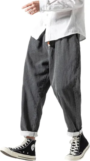 PRIJOUHE Mens Elastic Waist Drawstring Jeans Casual Stretchy Regular Fit Tapered Leg Distressed Jeans Pants