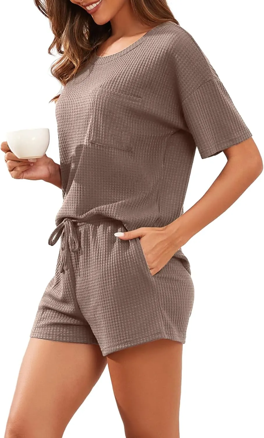 PrinStory Pajamas Set for Women Waffle Knit Lounge Set 2 Piece Outfits Loungewear Sweatsuit with Pockets