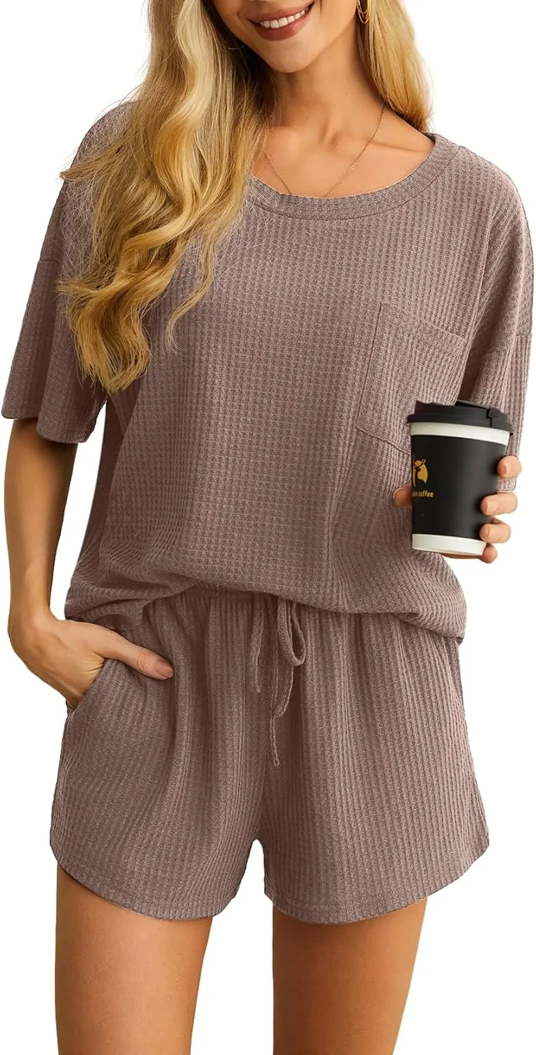 PrinStory Pajamas Set for Women Waffle Knit Lounge Set 2 Piece Outfits Loungewear Sweatsuit with Pockets
