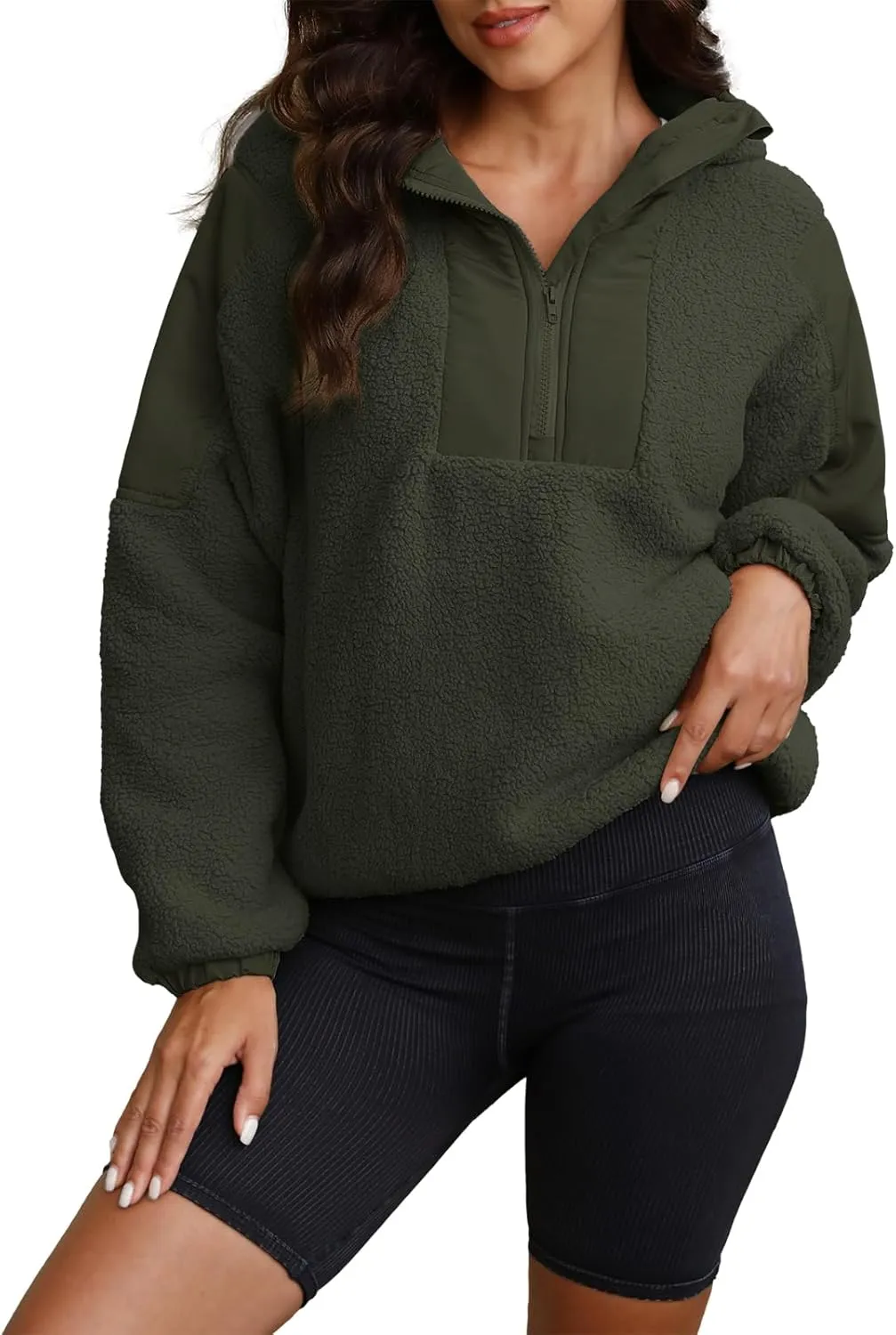 ReachMe Womens Fleece Hoodie Oversized Sherpa Jacket with Pockets Half Zip Sweatshirt Fuzzy Pullover Coats
