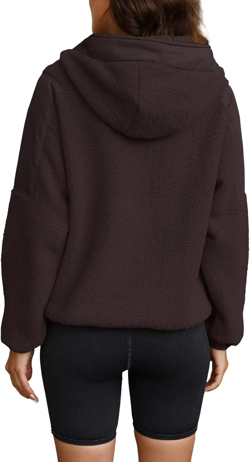 ReachMe Womens Fleece Hoodie Oversized Sherpa Jacket with Pockets Half Zip Sweatshirt Fuzzy Pullover Coats