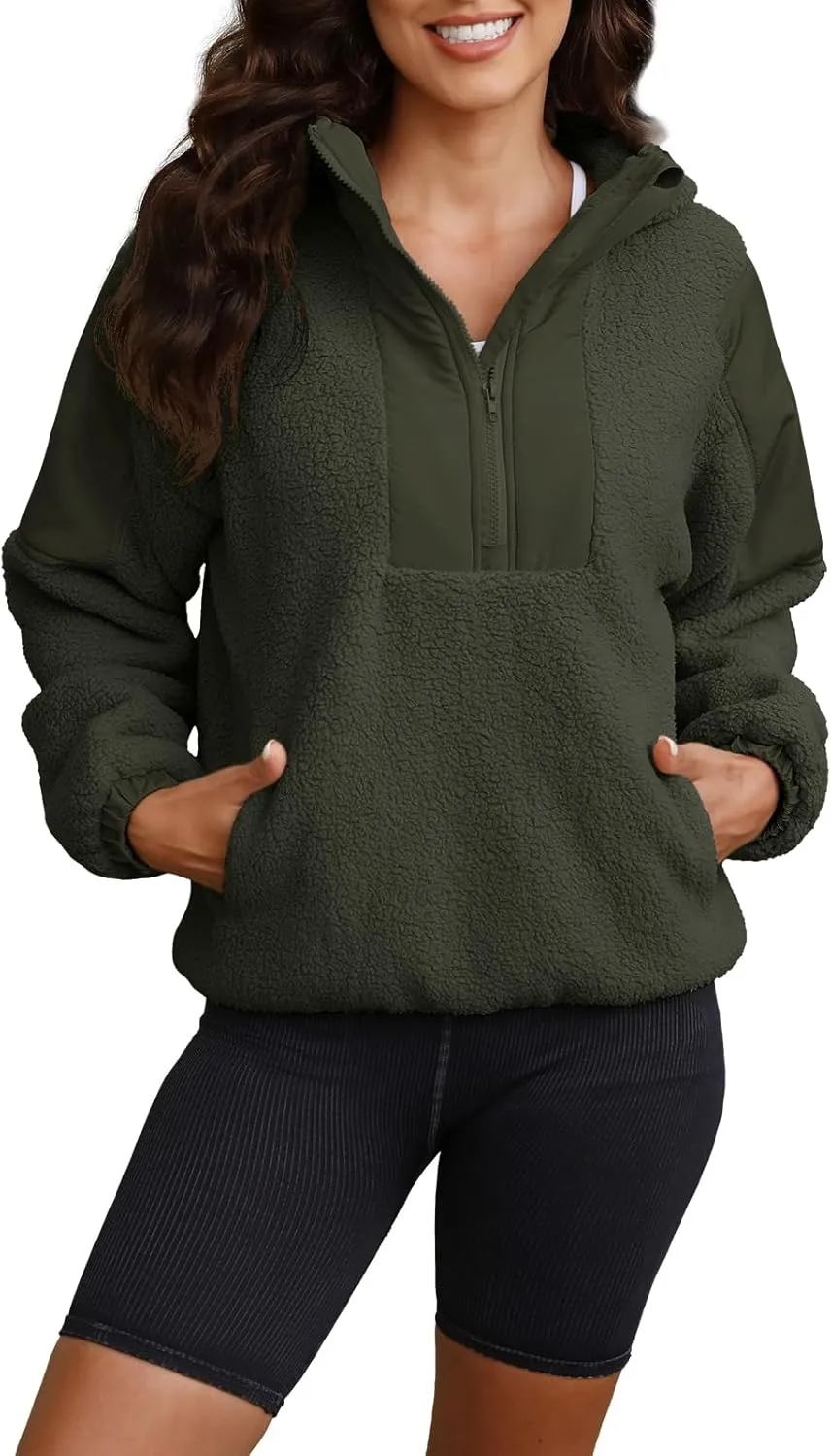 ReachMe Womens Fleece Hoodie Oversized Sherpa Jacket with Pockets Half Zip Sweatshirt Fuzzy Pullover Coats