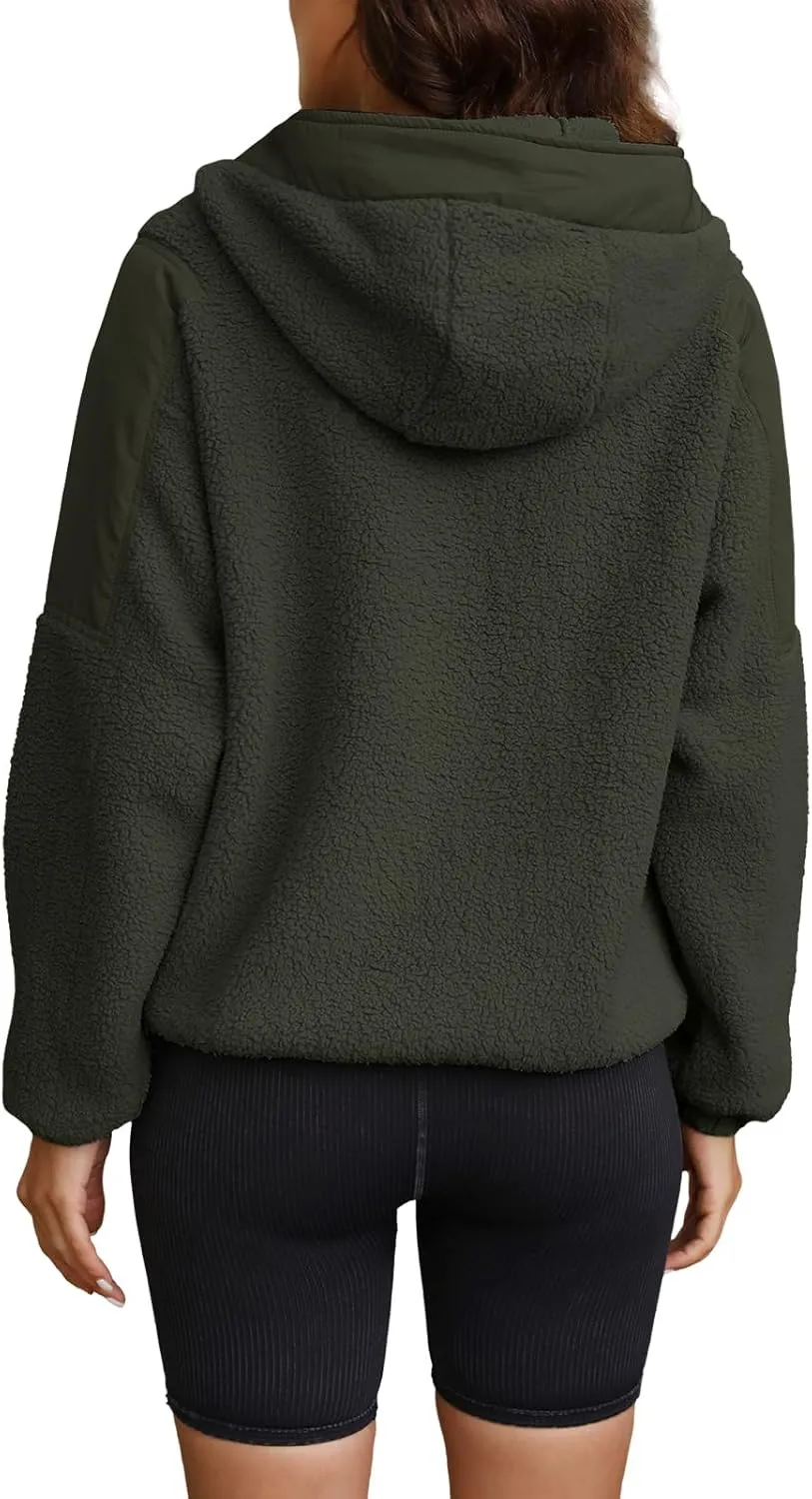 ReachMe Womens Fleece Hoodie Oversized Sherpa Jacket with Pockets Half Zip Sweatshirt Fuzzy Pullover Coats