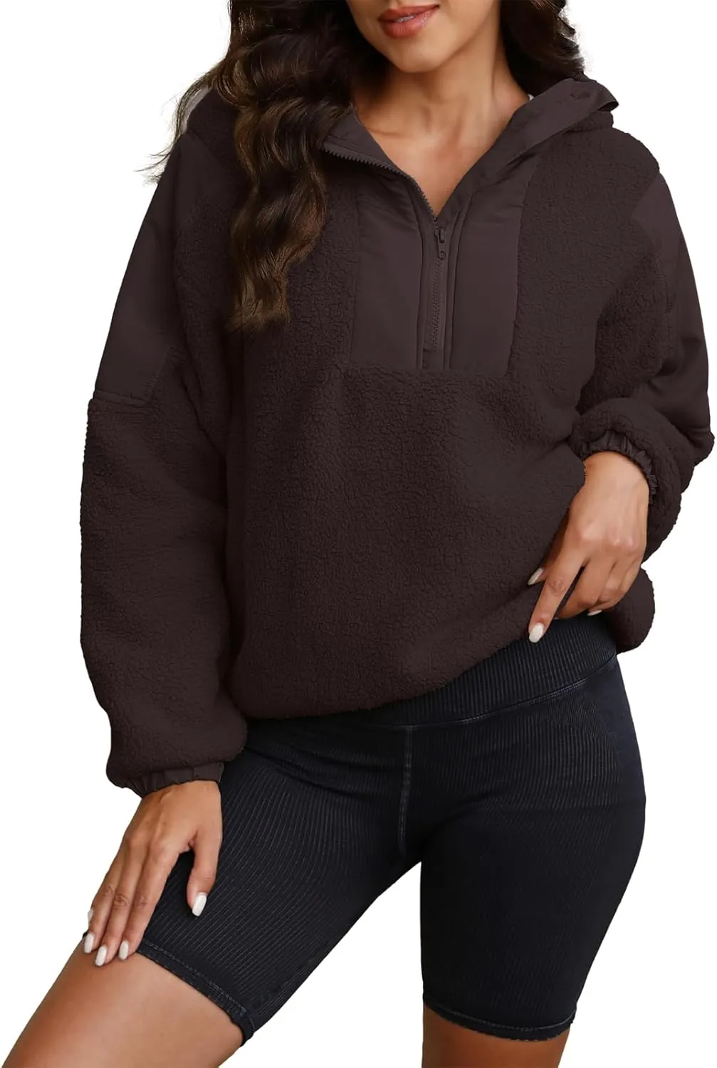 ReachMe Womens Fleece Hoodie Oversized Sherpa Jacket with Pockets Half Zip Sweatshirt Fuzzy Pullover Coats