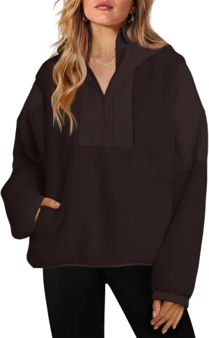 ReachMe Womens Fleece Hoodie Oversized Sherpa Jacket with Pockets Half Zip Sweatshirt Fuzzy Pullover Coats