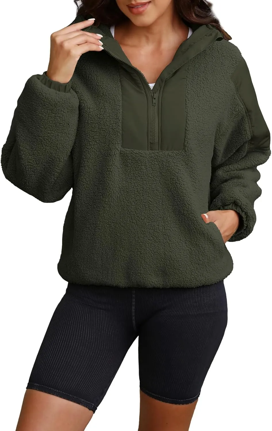 ReachMe Womens Fleece Hoodie Oversized Sherpa Jacket with Pockets Half Zip Sweatshirt Fuzzy Pullover Coats