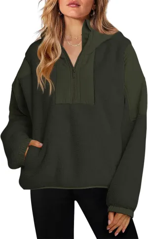ReachMe Womens Fleece Hoodie Oversized Sherpa Jacket with Pockets Half Zip Sweatshirt Fuzzy Pullover Coats