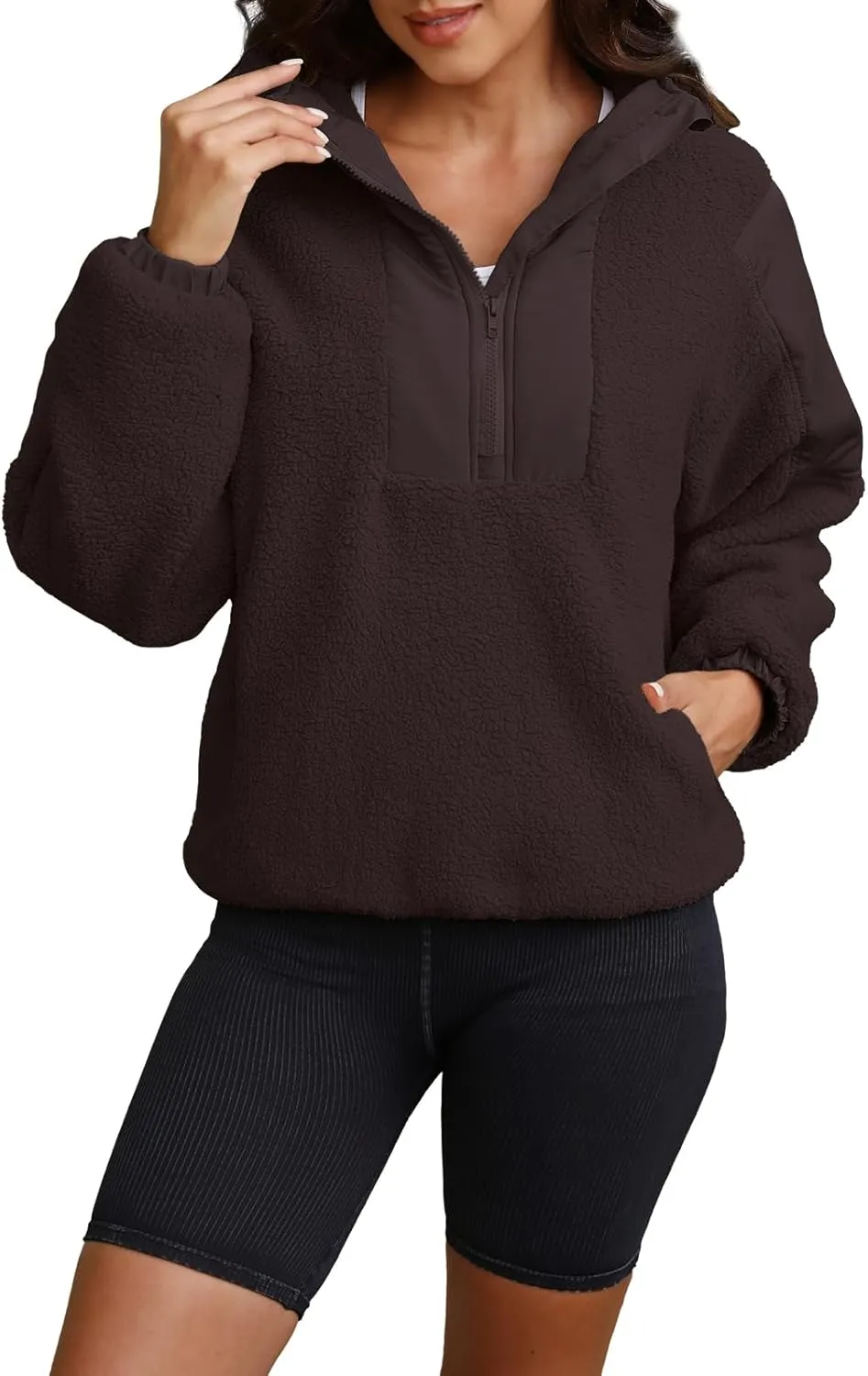 ReachMe Womens Fleece Hoodie Oversized Sherpa Jacket with Pockets Half Zip Sweatshirt Fuzzy Pullover Coats