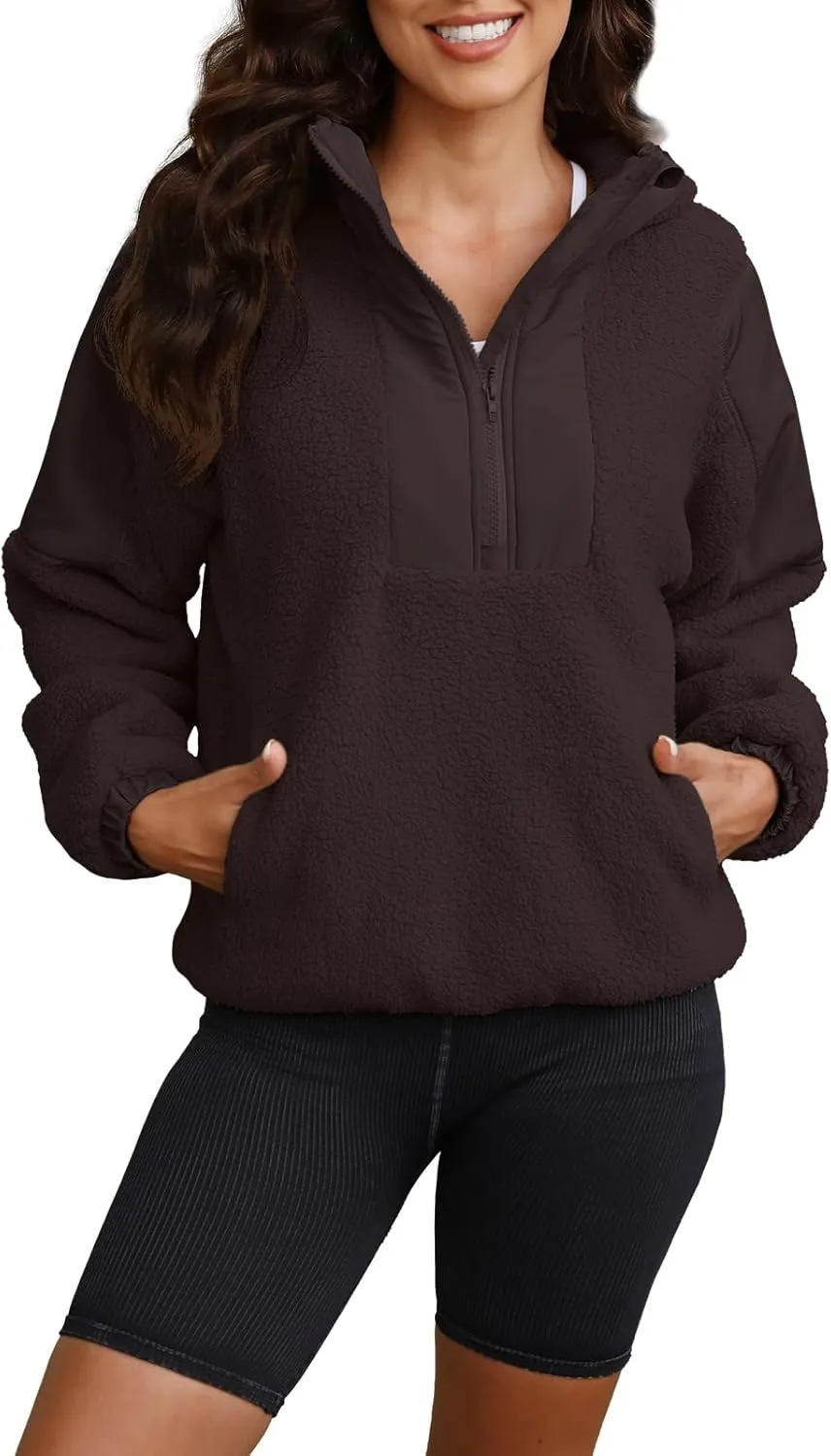 ReachMe Womens Fleece Hoodie Oversized Sherpa Jacket with Pockets Half Zip Sweatshirt Fuzzy Pullover Coats