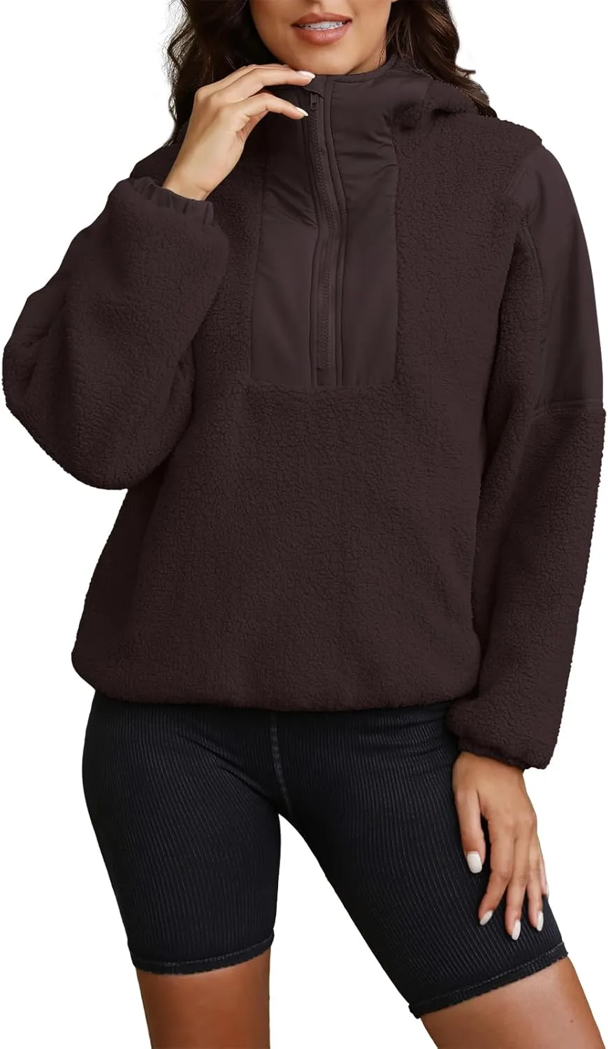 ReachMe Womens Fleece Hoodie Oversized Sherpa Jacket with Pockets Half Zip Sweatshirt Fuzzy Pullover Coats