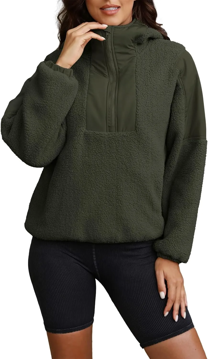 ReachMe Womens Fleece Hoodie Oversized Sherpa Jacket with Pockets Half Zip Sweatshirt Fuzzy Pullover Coats