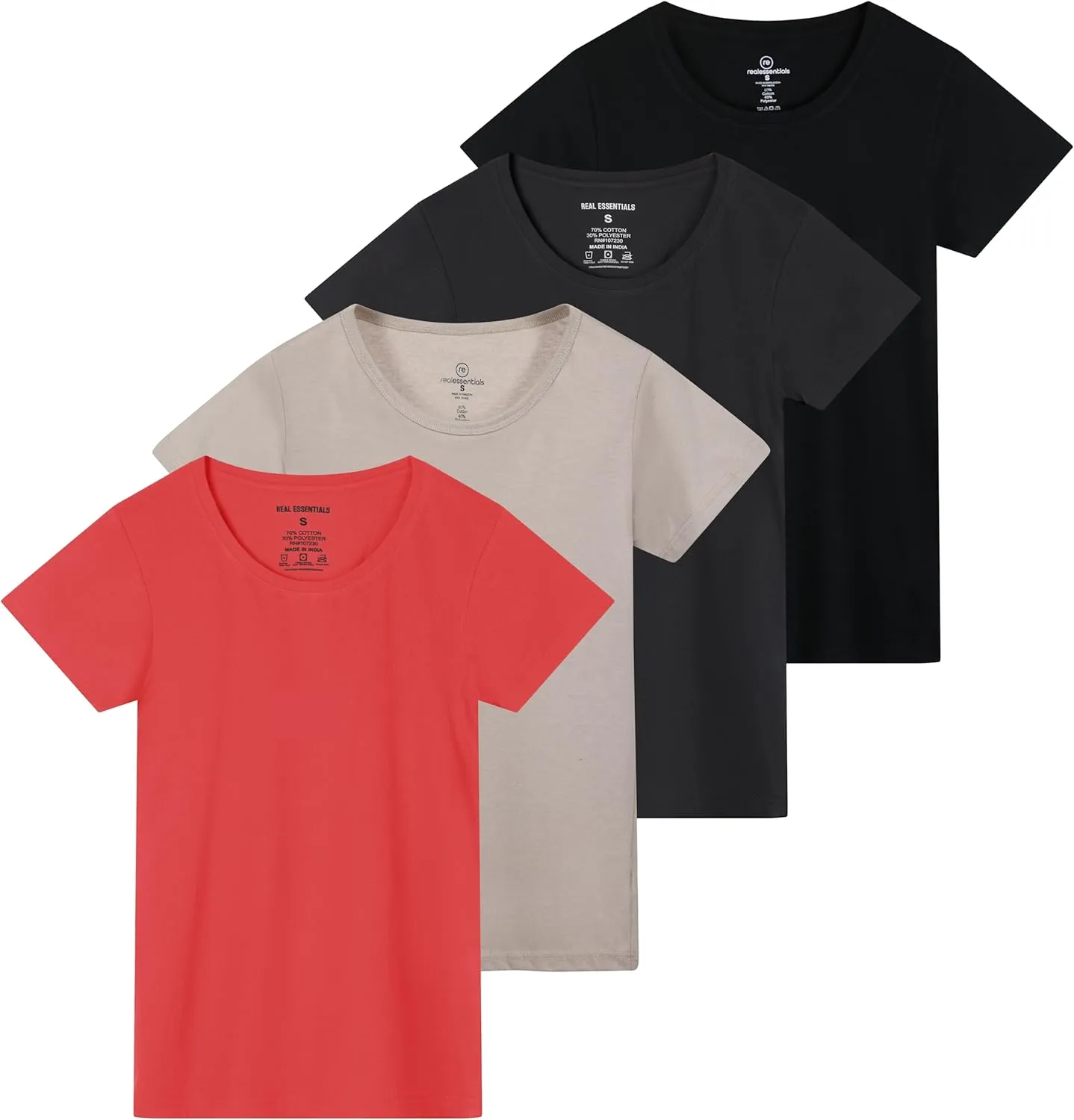 Real Essentials 4 Pack: Women's Classic-Fit Cotton Short-Sleeve Scoop Crew Neck T-Shirt (Available in Plus Size)