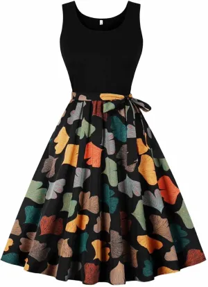 Retro Dress for Women Sleeveless Crew Neck Patchwork Dresses Hepburn Cocktail Party Swing A-Line Floral Print Dress