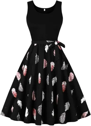 Retro Dress for Women Sleeveless Crew Neck Patchwork Dresses Hepburn Cocktail Party Swing A-Line Floral Print Dress