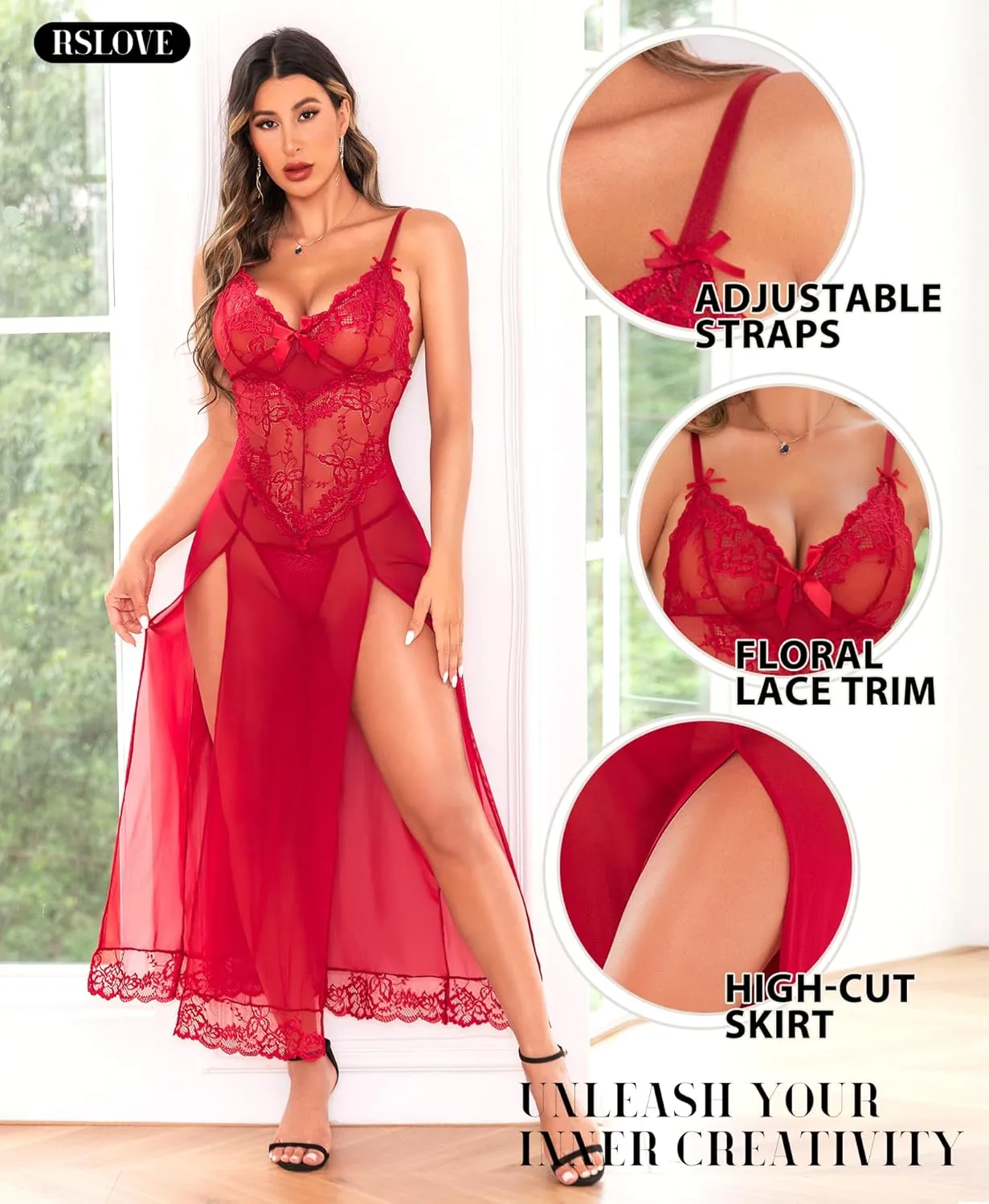 RSLOVE Women Lingerie Babydoll Sexy Nightgown Lace Chemise Exotic Sleepwear Nighty