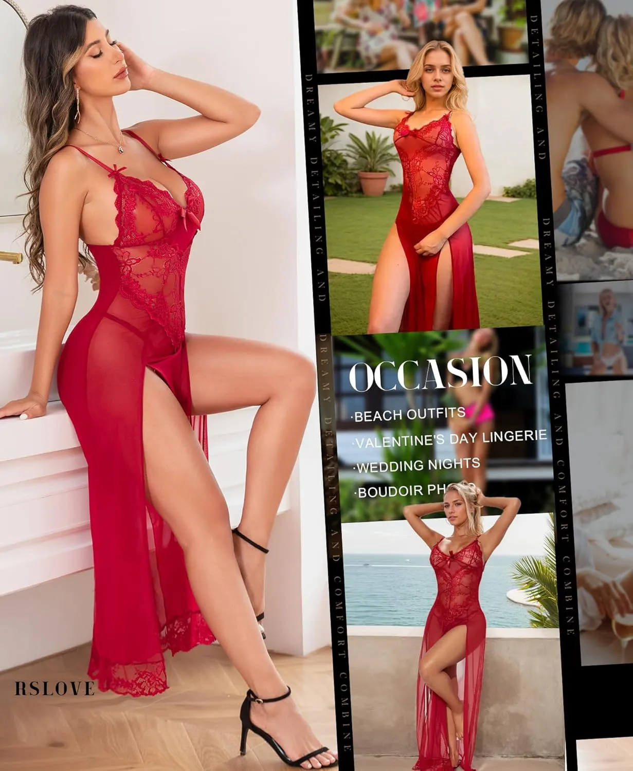 RSLOVE Women Lingerie Babydoll Sexy Nightgown Lace Chemise Exotic Sleepwear Nighty