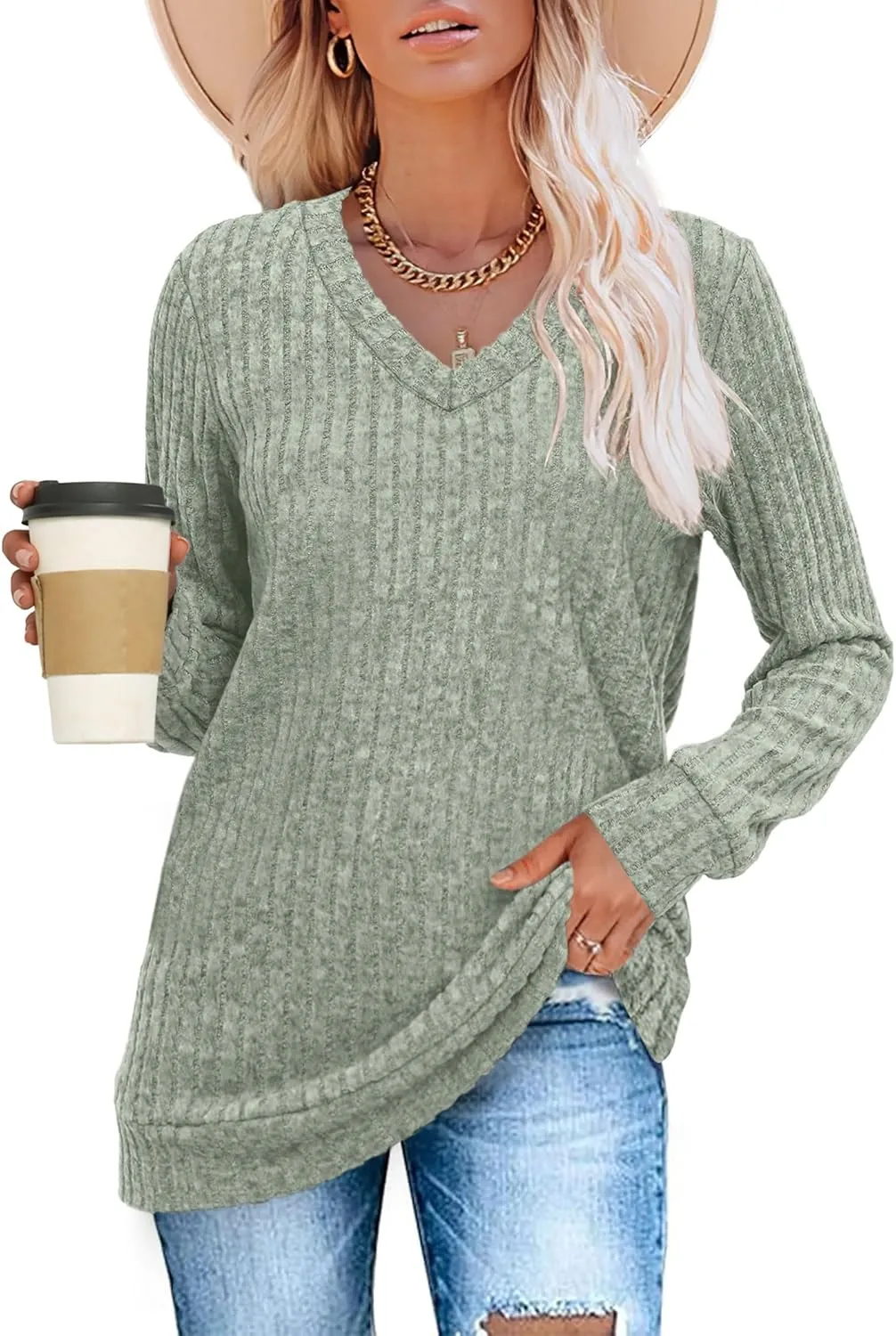 SAMPEEL V Neck Long Sleeve Shirts for Women Casual Fall Tops Lightweight Tunic Sweaters Fashion Clothes 2025