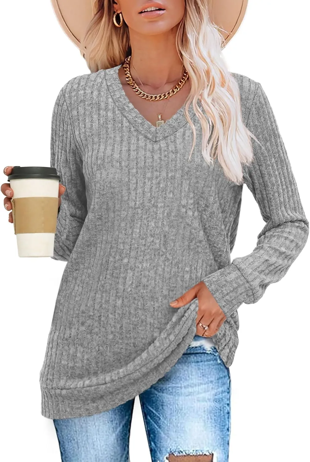 SAMPEEL V Neck Long Sleeve Shirts for Women Casual Fall Tops Lightweight Tunic Sweaters Fashion Clothes 2025