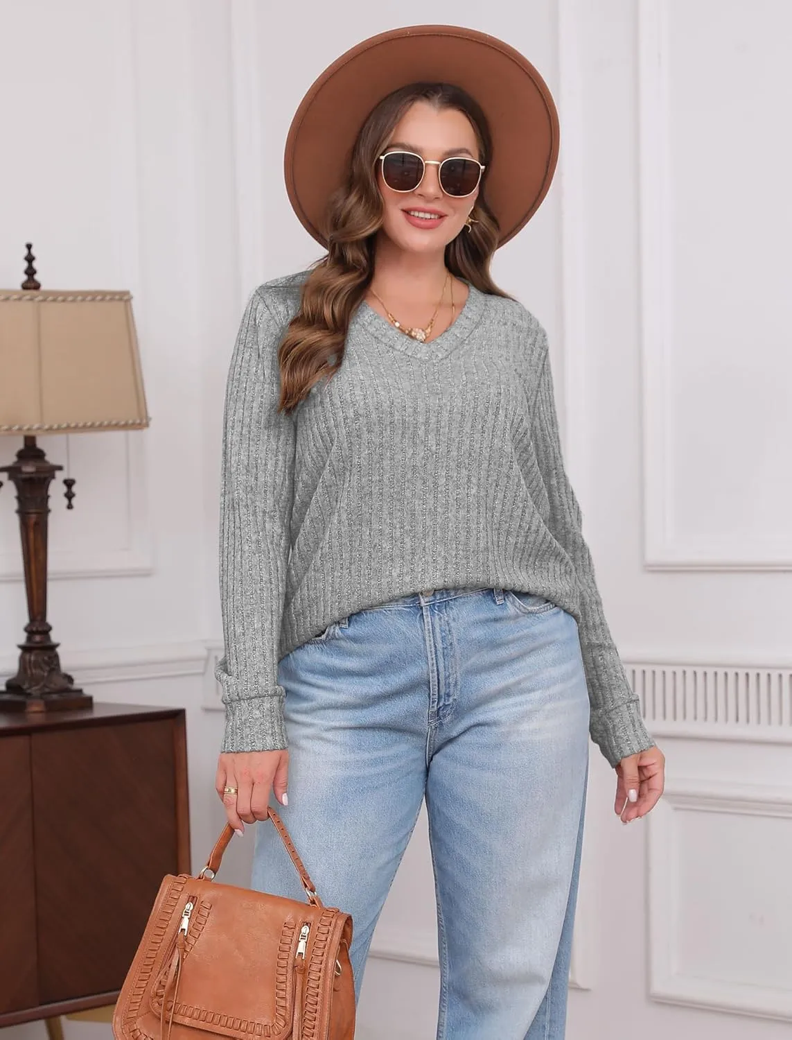 SAMPEEL V Neck Long Sleeve Shirts for Women Casual Fall Tops Lightweight Tunic Sweaters Fashion Clothes 2025