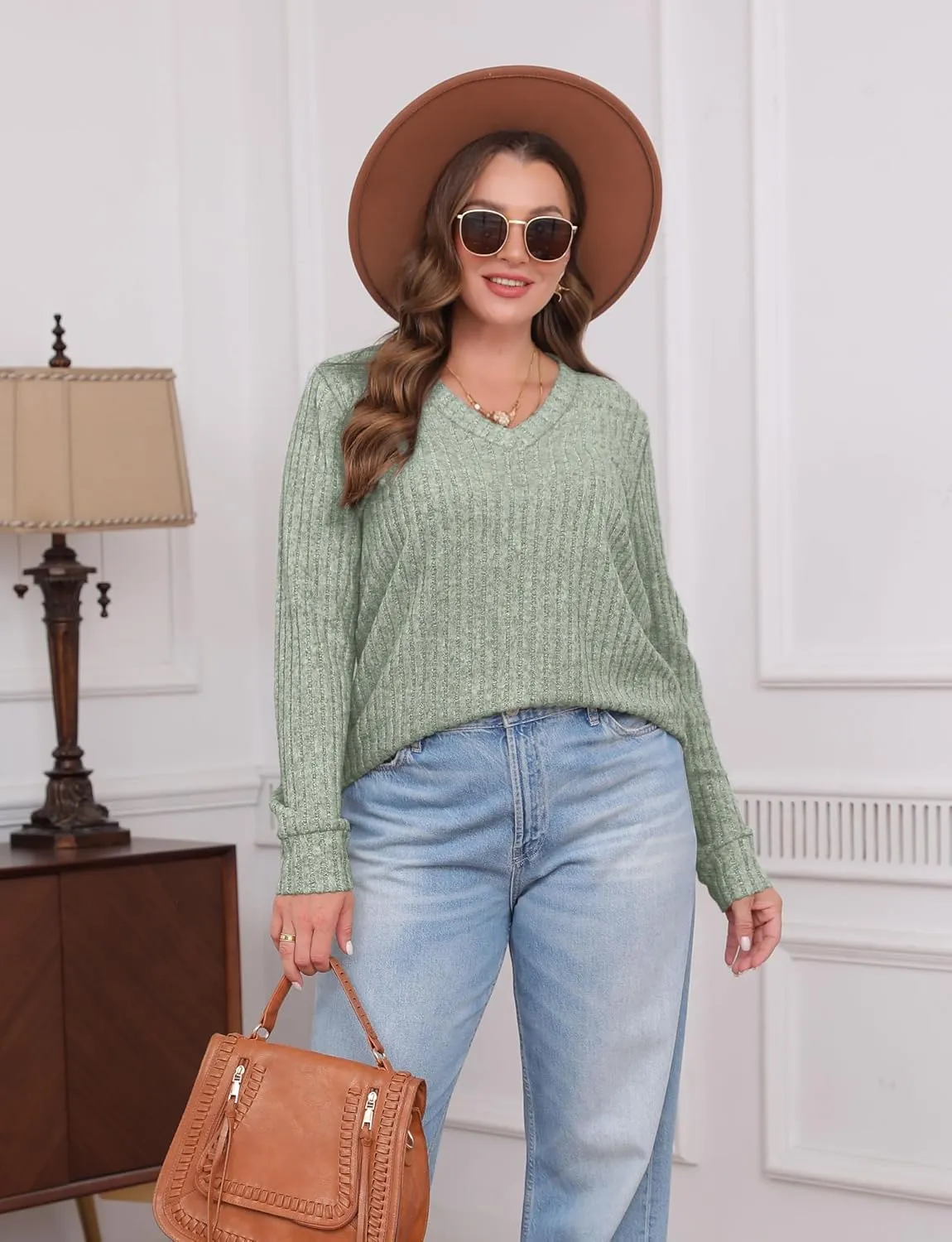 SAMPEEL V Neck Long Sleeve Shirts for Women Casual Fall Tops Lightweight Tunic Sweaters Fashion Clothes 2025