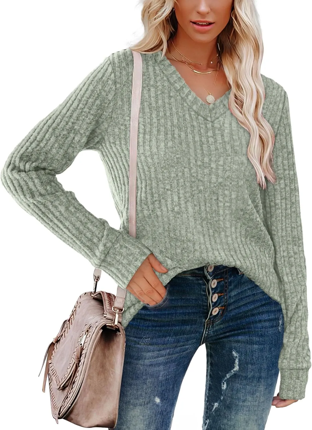 SAMPEEL V Neck Long Sleeve Shirts for Women Casual Fall Tops Lightweight Tunic Sweaters Fashion Clothes 2025