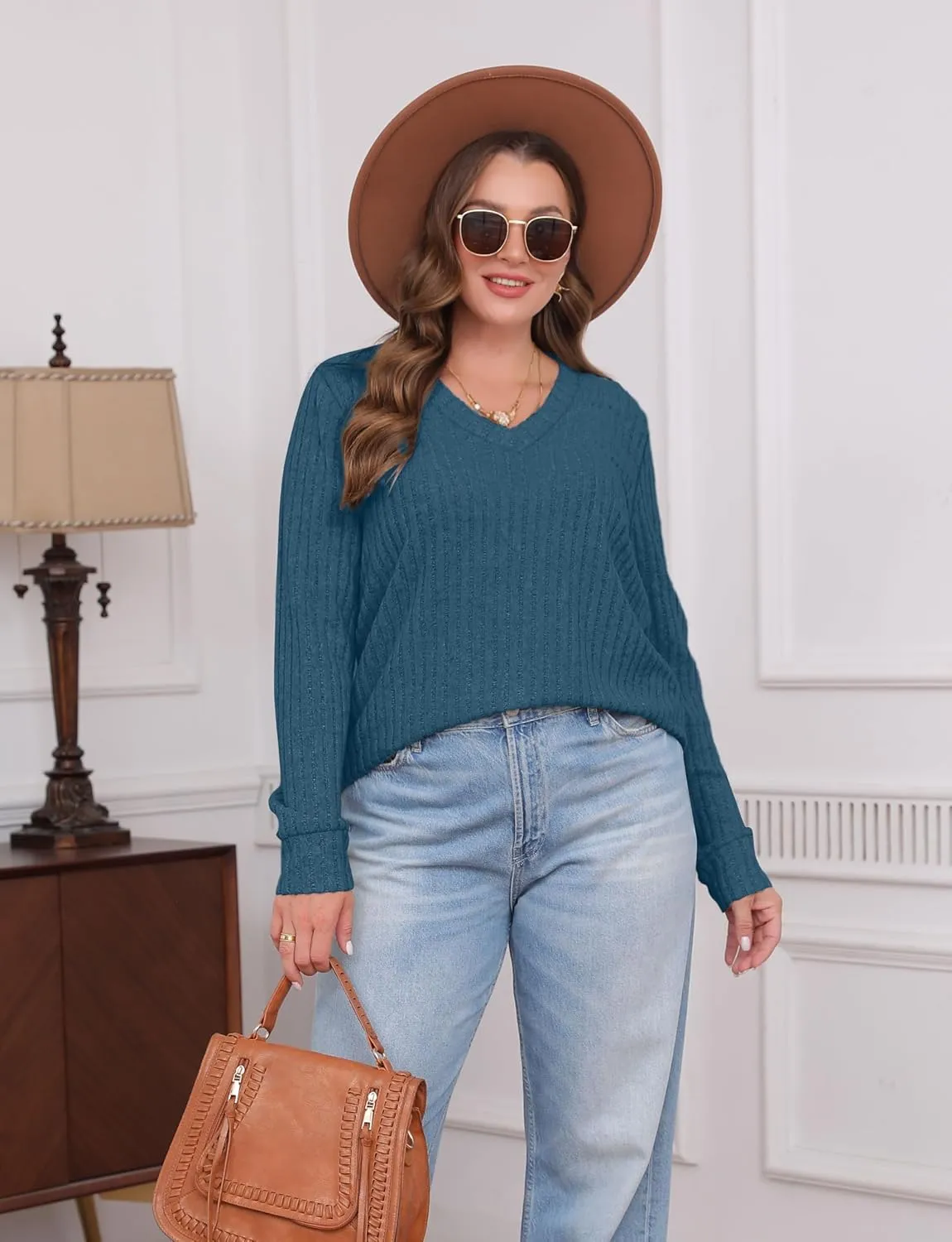 SAMPEEL V Neck Long Sleeve Shirts for Women Casual Fall Tops Lightweight Tunic Sweaters Fashion Clothes 2025