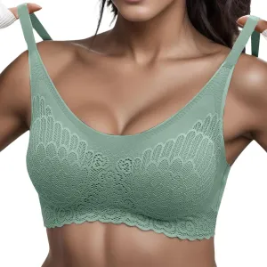 Seamless Wireless Bra No Wire Scallop Lace Bralette for Women Lightweight Low Cut Sleep Bra with Soft Support