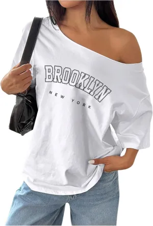 SHENHE Women's Oversized Off The Shoulder T Shirt Letter Print Graphic Short Sleeve Vintage Tee