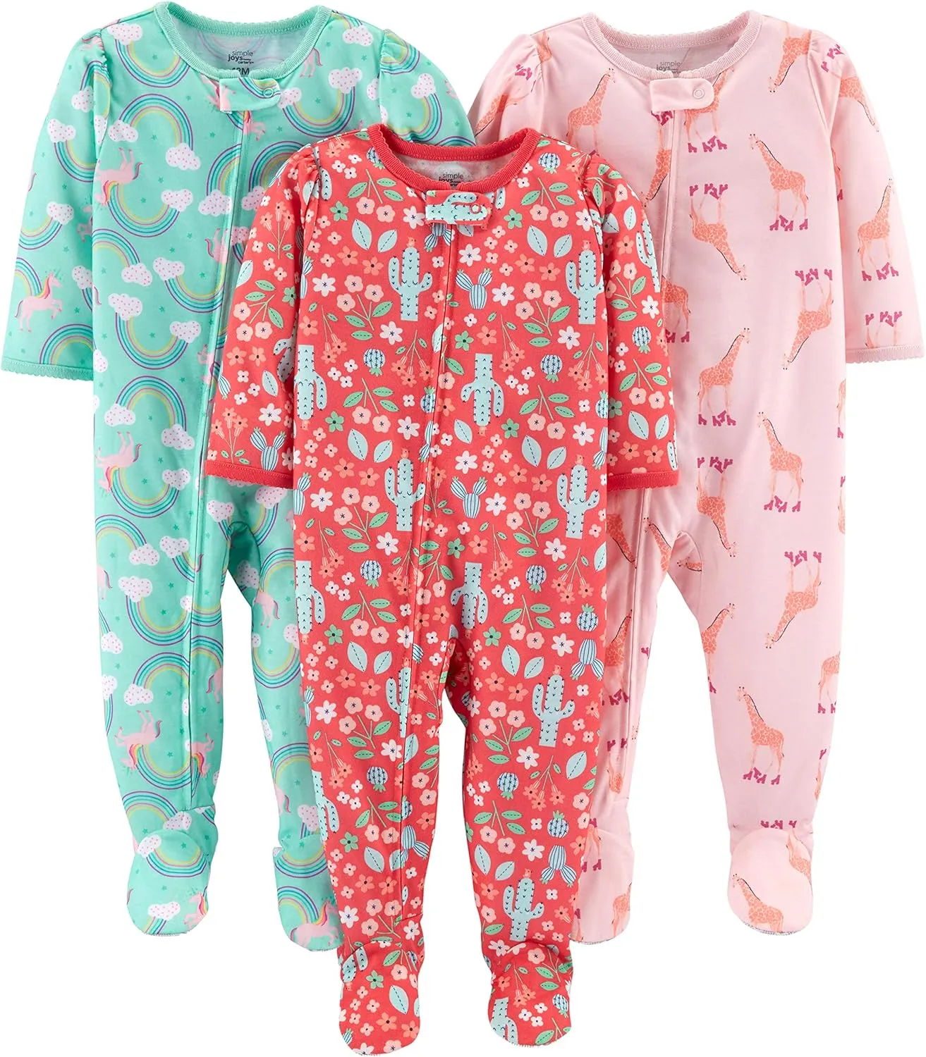 Simple Joys by Carter's Toddlers and Baby Girls' Loose-Fit Polyester Jersey Footed Pajamas, Pack of 3