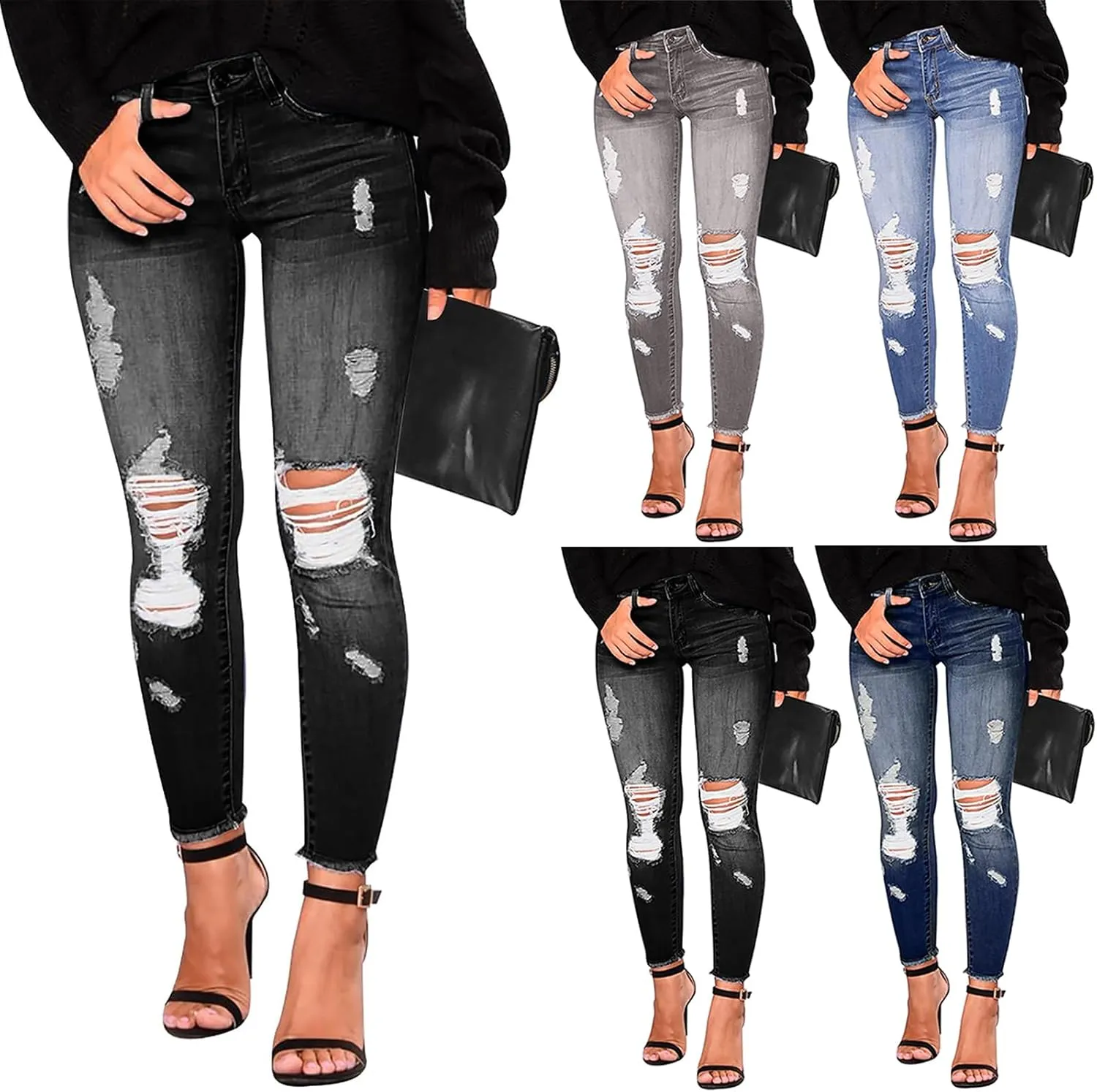 Skinny Jeans for Women High Waisted Ripped Stretchy Jeans Tummy Control Distressed Jeans Destroyed Denim Jeggings