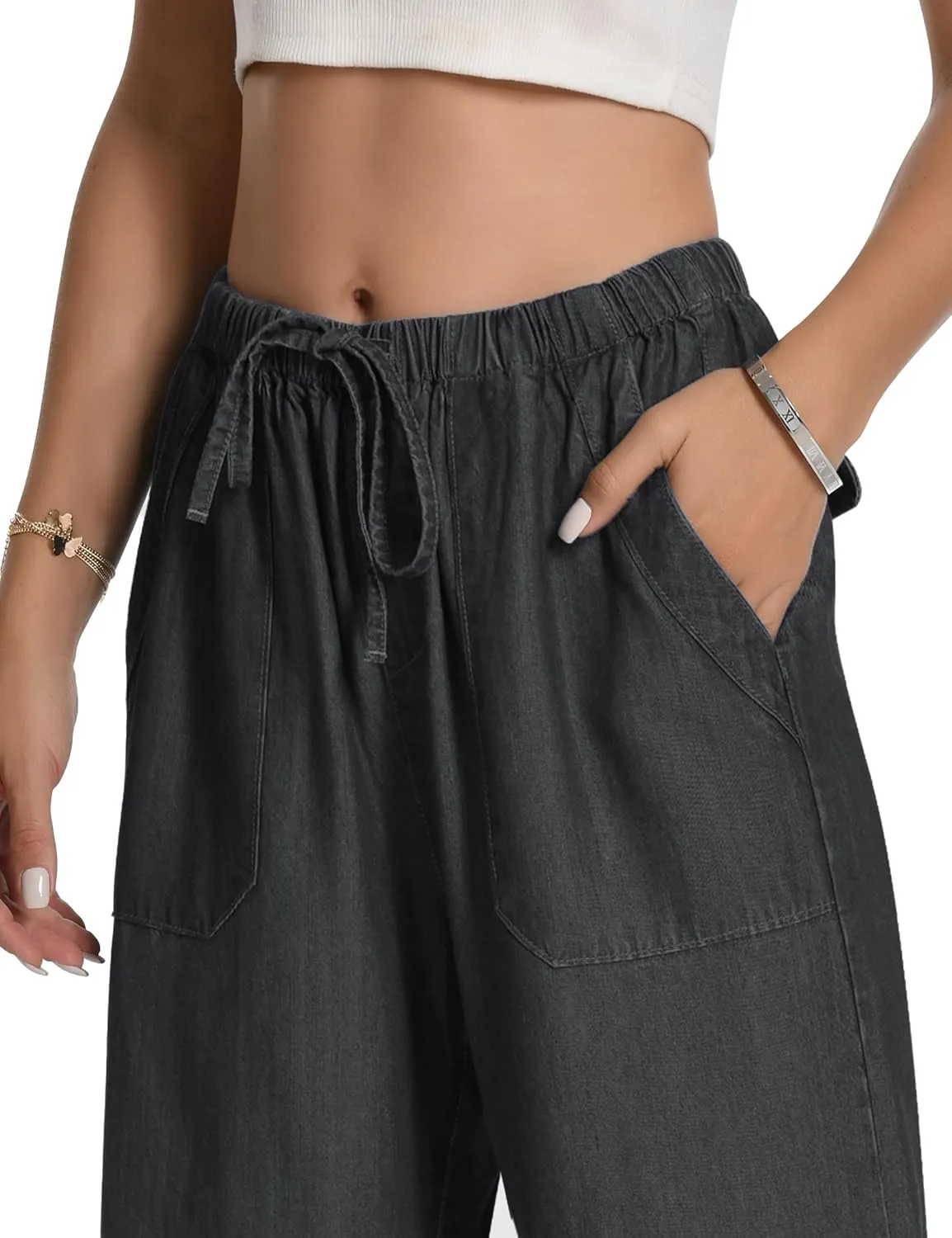 Skirt BL Women's Drawstring Elastic Waist Jeans Pull on Wide Leg Flowy Jeans for Trendy Soft Lightweight Denim Pants