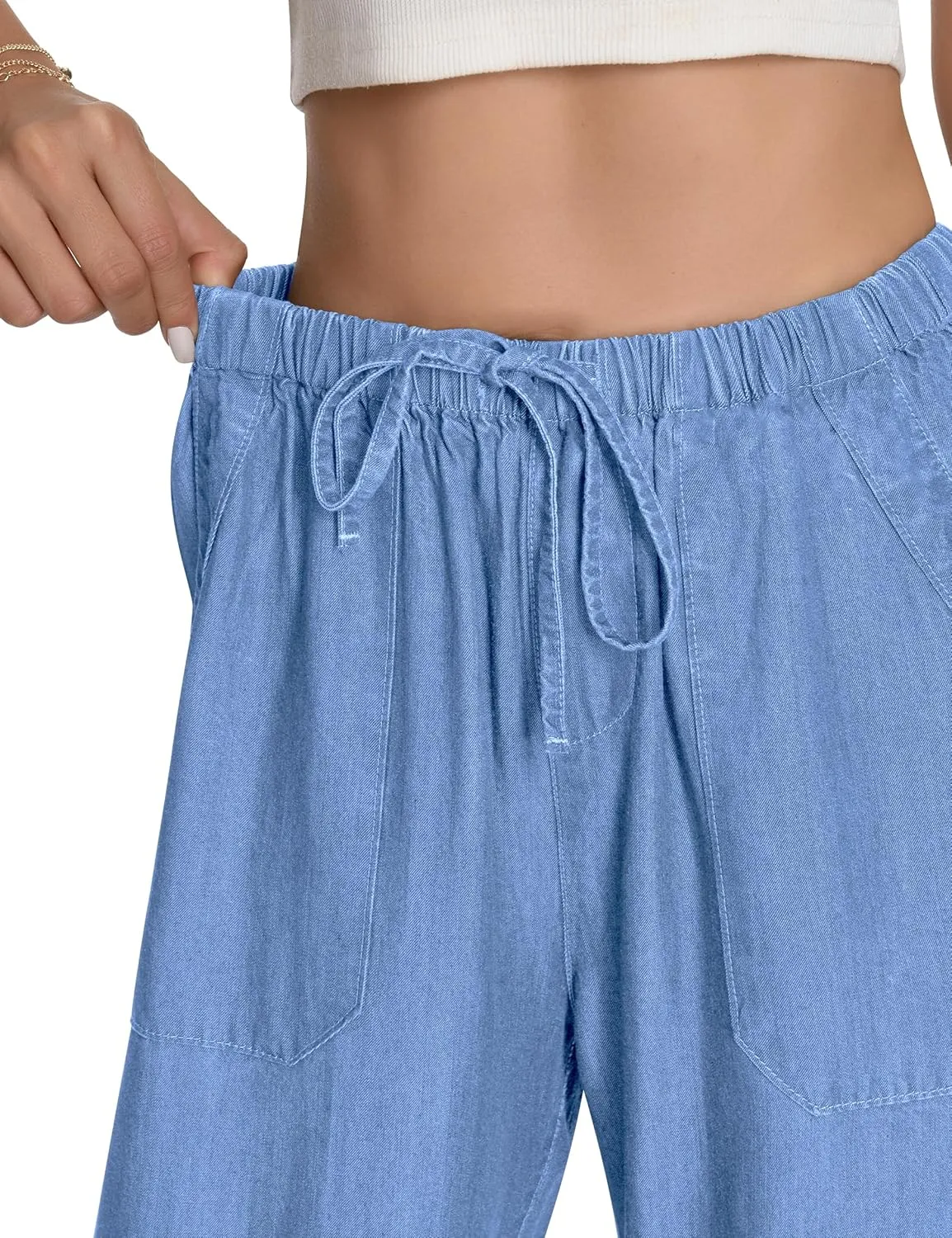 Skirt BL Women's Drawstring Elastic Waist Jeans Pull on Wide Leg Flowy Jeans for Trendy Soft Lightweight Denim Pants