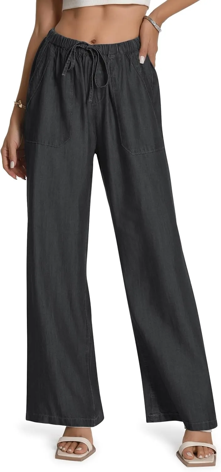 Skirt BL Women's Drawstring Elastic Waist Jeans Pull on Wide Leg Flowy Jeans for Trendy Soft Lightweight Denim Pants