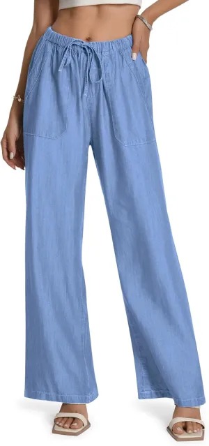 Skirt BL Women's Drawstring Elastic Waist Jeans Pull on Wide Leg Flowy Jeans for Trendy Soft Lightweight Denim Pants