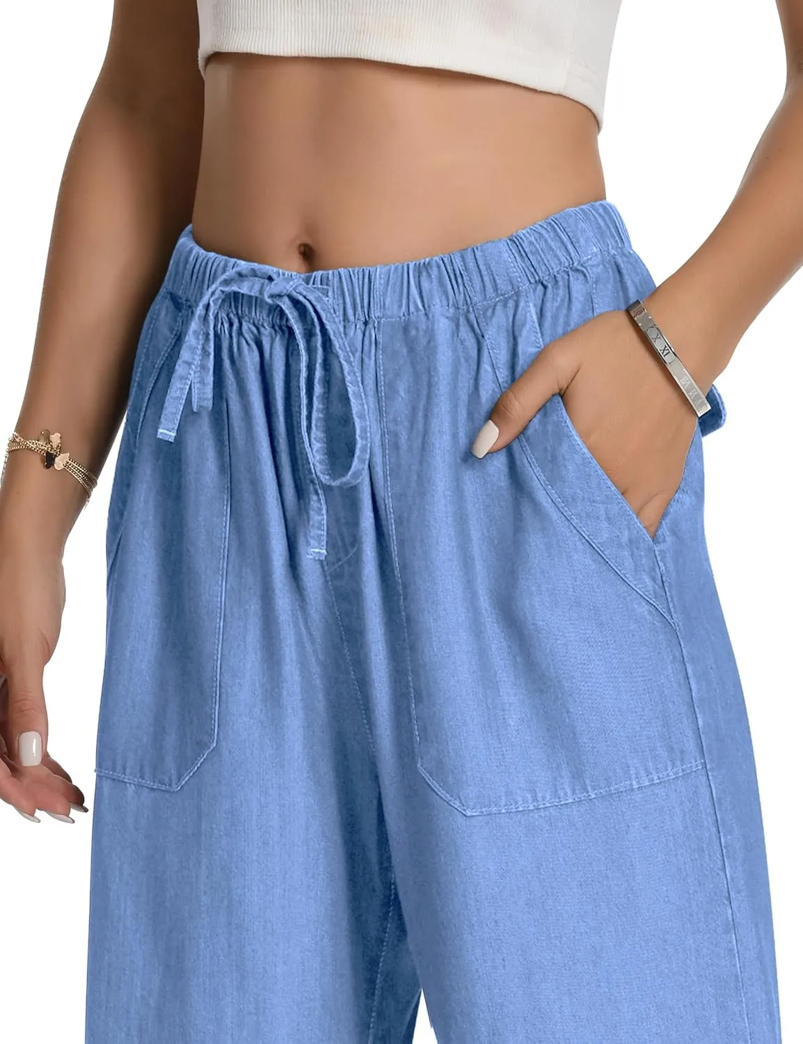 Skirt BL Women's Drawstring Elastic Waist Jeans Pull on Wide Leg Flowy Jeans for Trendy Soft Lightweight Denim Pants