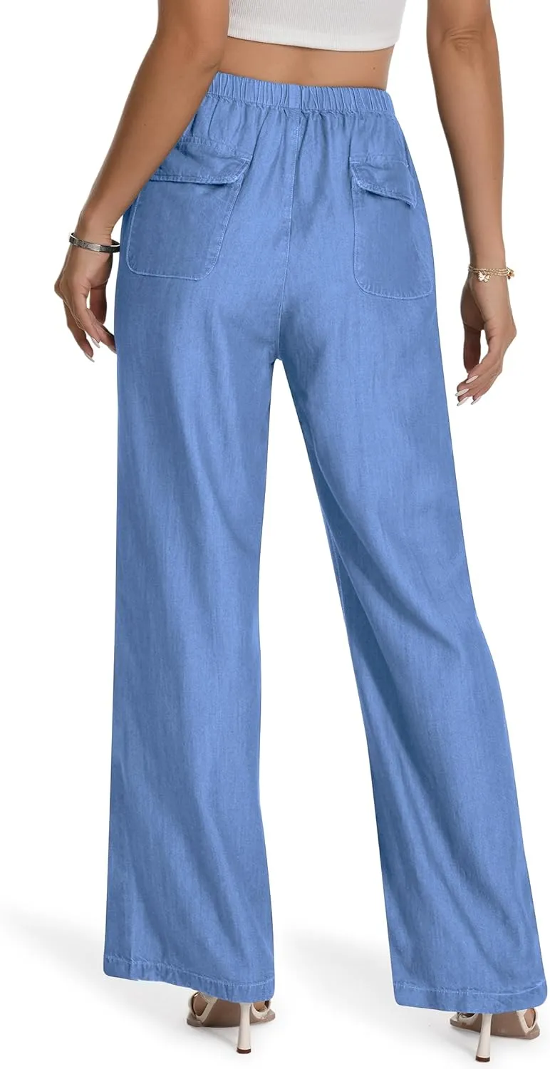 Skirt BL Women's Drawstring Elastic Waist Jeans Pull on Wide Leg Flowy Jeans for Trendy Soft Lightweight Denim Pants