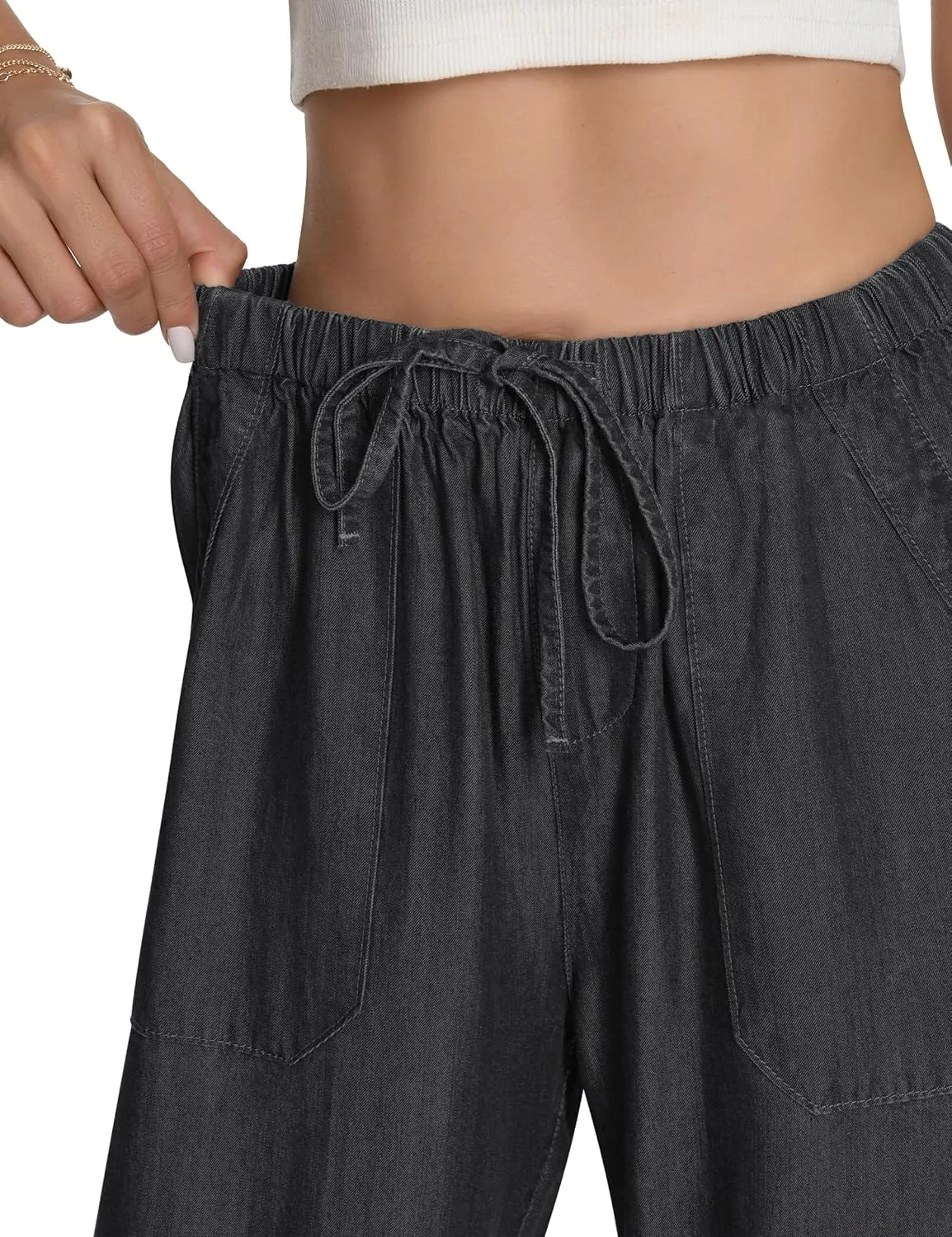 Skirt BL Women's Drawstring Elastic Waist Jeans Pull on Wide Leg Flowy Jeans for Trendy Soft Lightweight Denim Pants