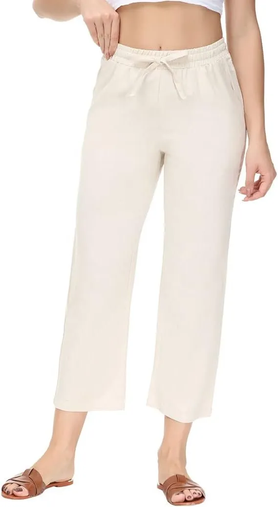 Soojun Women's Linen Blend Drawstring Wide Leg Cropped Pant