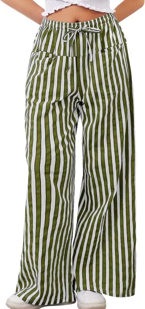 Striped Pants Women Wide Leg Trousers Drawstring Low Rise Casual Loose Lounge Pajama Pants with Pockets