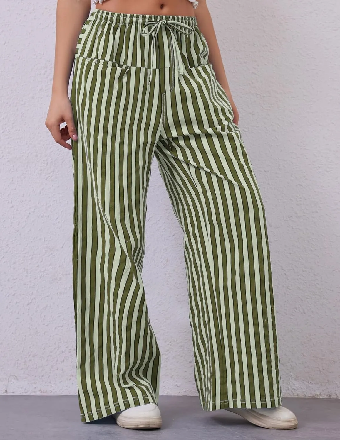 Striped Pants Women Wide Leg Trousers Drawstring Low Rise Casual Loose Lounge Pajama Pants with Pockets