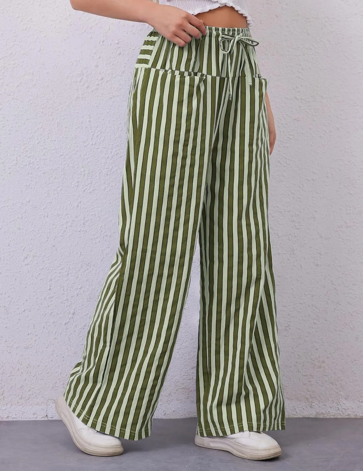 Striped Pants Women Wide Leg Trousers Drawstring Low Rise Casual Loose Lounge Pajama Pants with Pockets