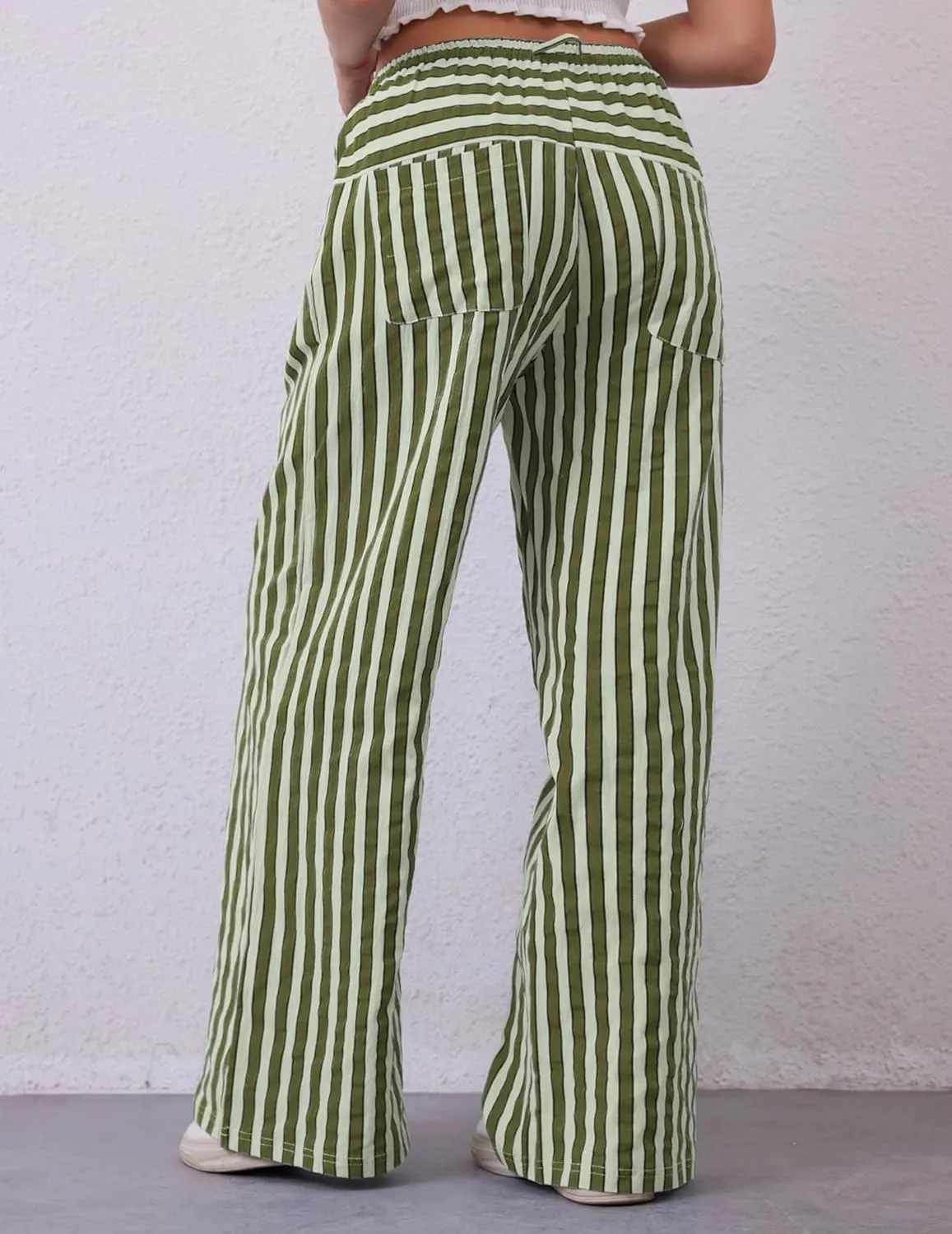 Striped Pants Women Wide Leg Trousers Drawstring Low Rise Casual Loose Lounge Pajama Pants with Pockets