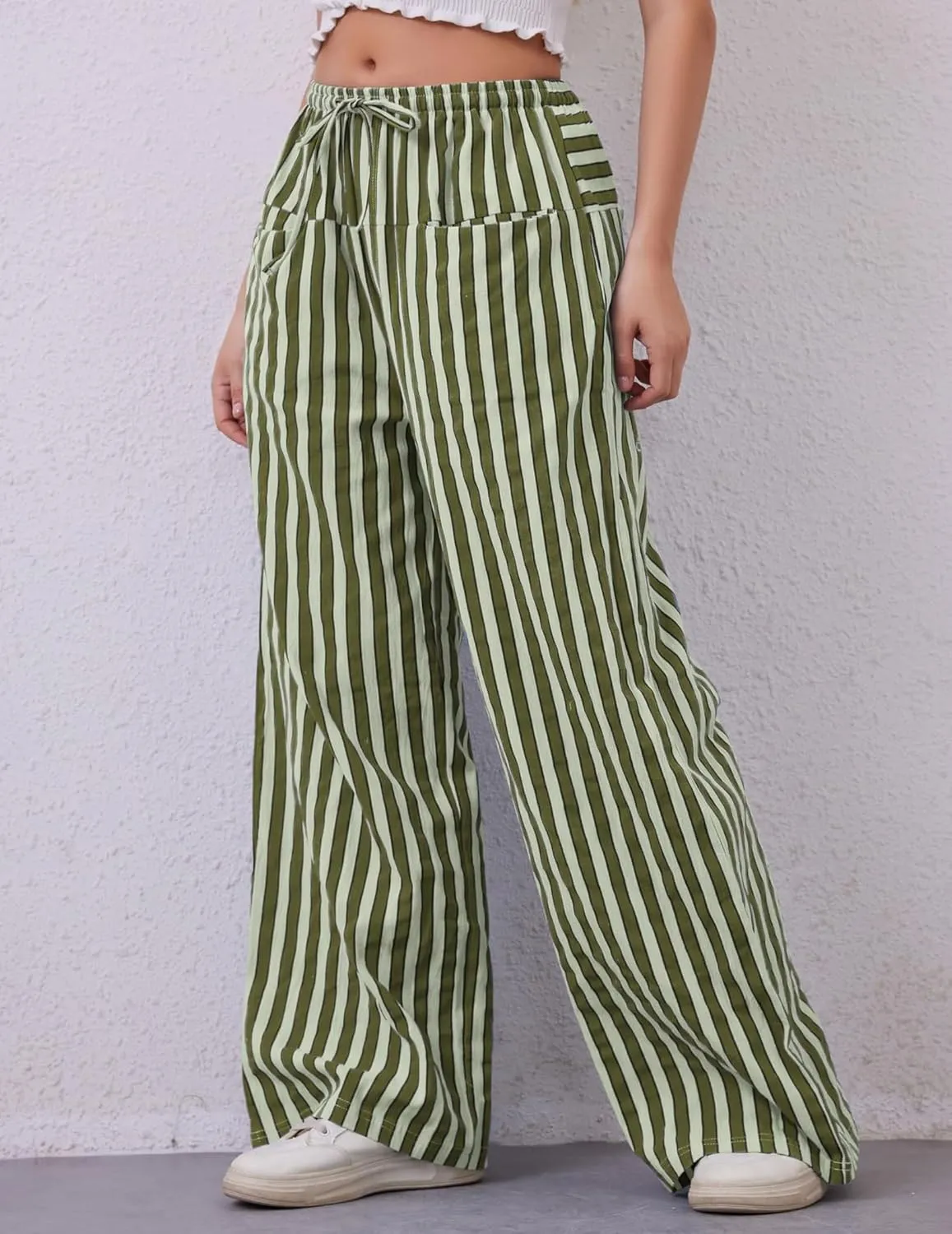 Striped Pants Women Wide Leg Trousers Drawstring Low Rise Casual Loose Lounge Pajama Pants with Pockets