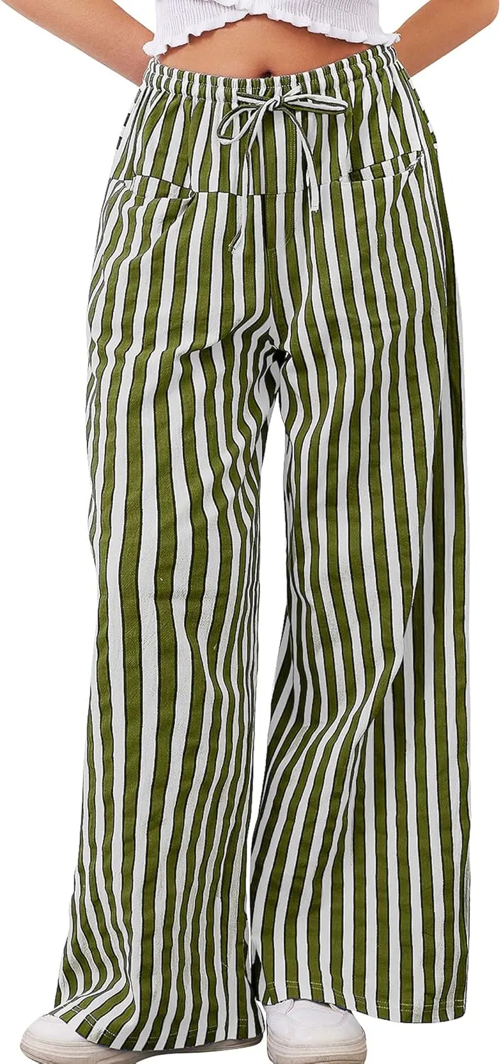 Striped Pants Women Wide Leg Trousers Drawstring Low Rise Casual Loose Lounge Pajama Pants with Pockets