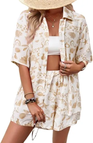 Sulozom Women's 2 Piece Beach Outfits Button Down Short Sleeve Shirts and High Waist Shorts Lounge Sets Casual Tracksuit Set