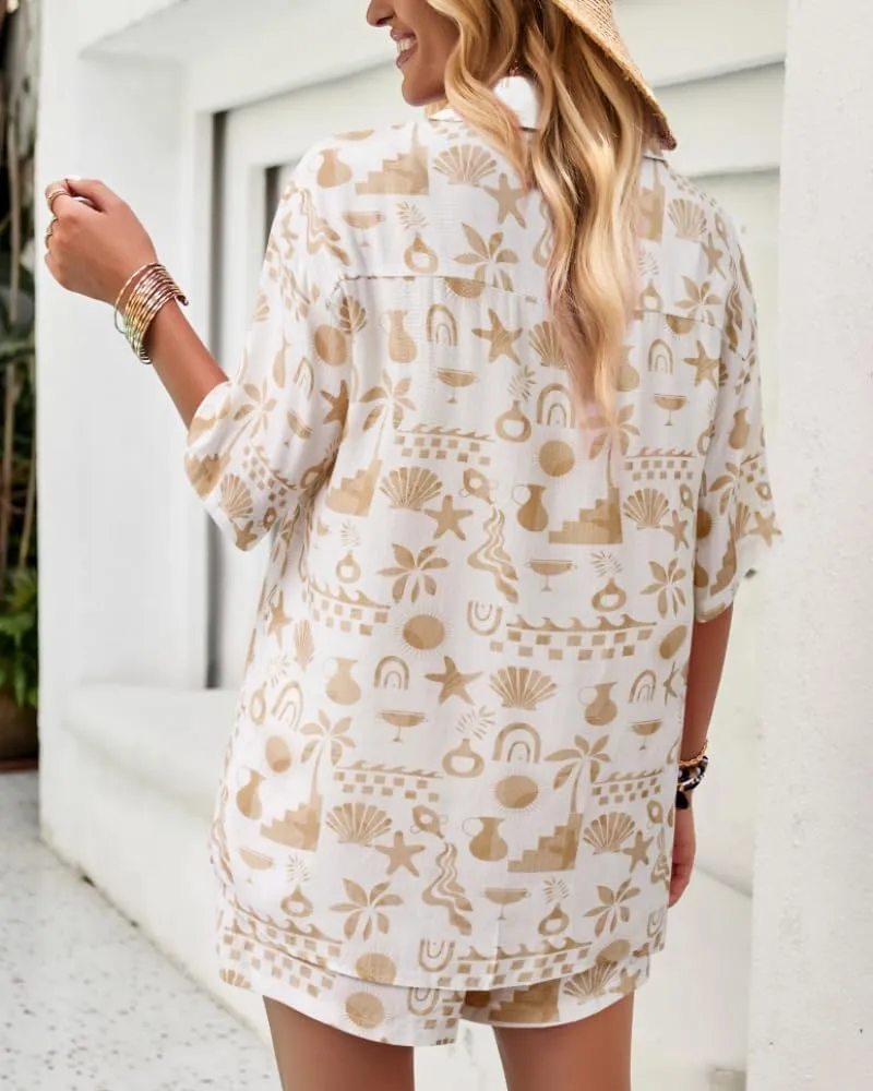 Sulozom Women's 2 Piece Beach Outfits Button Down Short Sleeve Shirts and High Waist Shorts Lounge Sets Casual Tracksuit Set